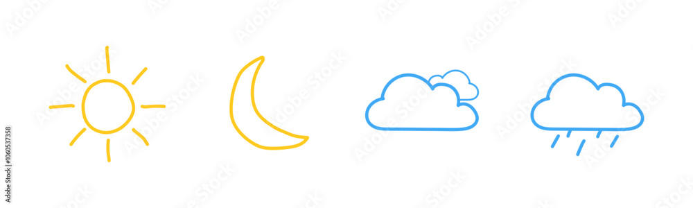 Weather doodle style. Collection icon. Template design. Vector illustration. Weather doodle style. Collection icon. Template design. Vector illustration.