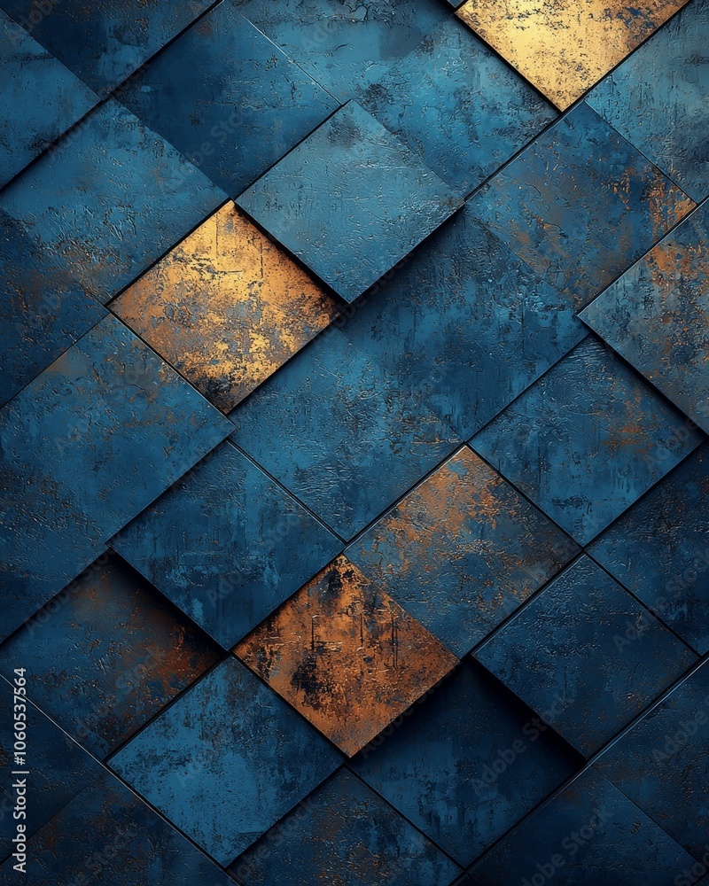 A textured blue and gold geometric pattern with a modern, industrial design. A textured blue and gold geometric pattern with a modern, industrial design.