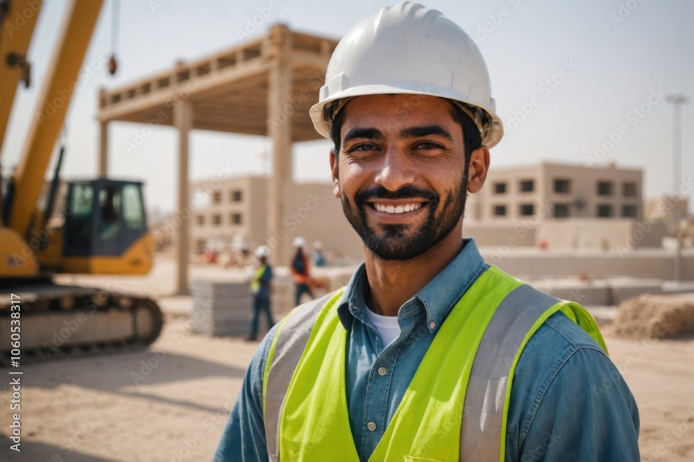 Close portrait of a smiling young Emirati man construction worker looking at the camera, Emirati outdoors construction site blurred background Close portrait of a smiling young Emirati man construction worker looking at the camera, Emirati outdoors construction site blurred background