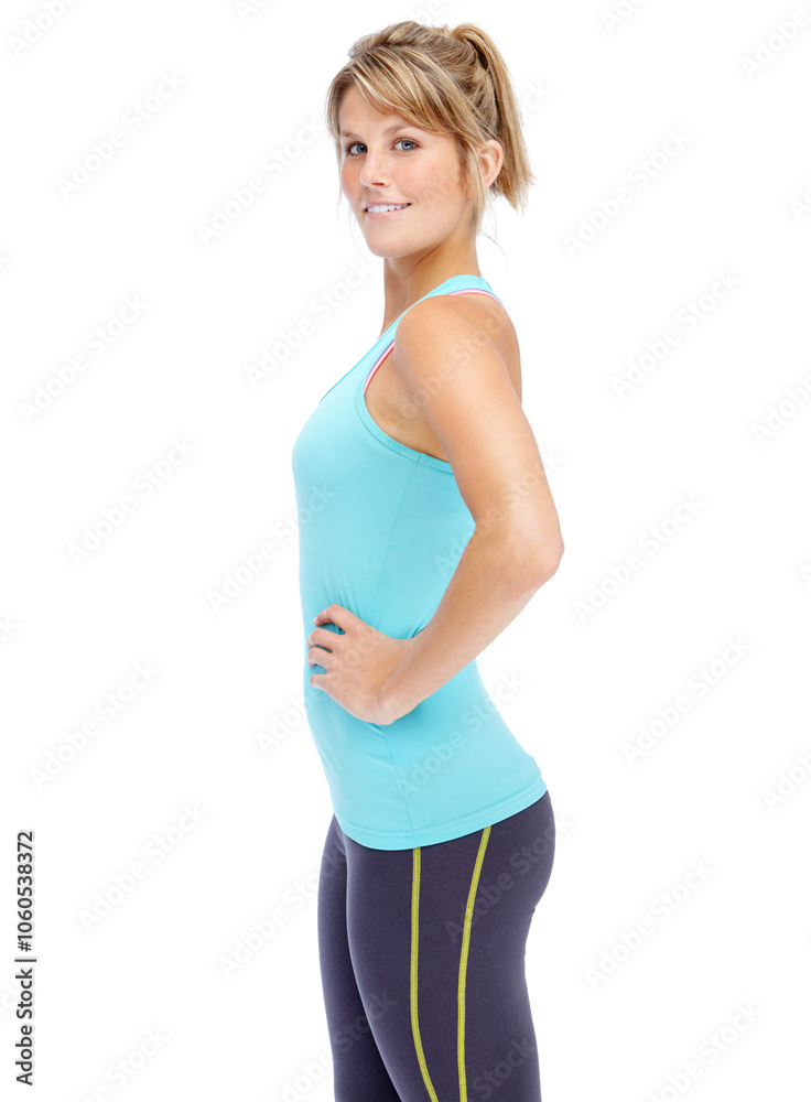 Woman, portrait and gym fashion with workout, smile and hands on hips in studio. Fitness, training and sport clothes with confidence of athlete with trendy and exercise outfit with white background