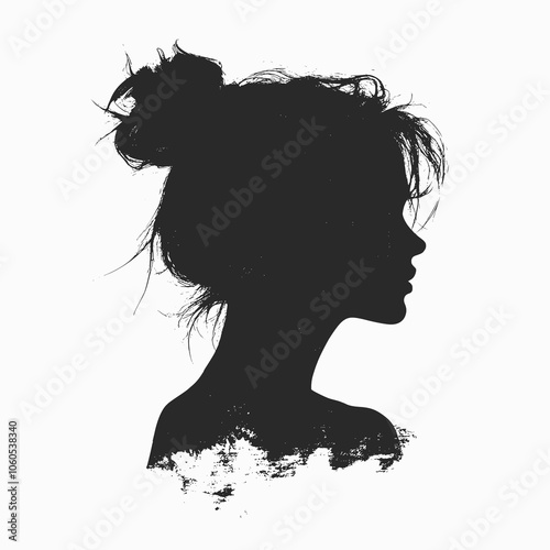Solid silhouette of the head and shoulders of a medium-sized woman in profile with a messy bun hairstyle on a white background
