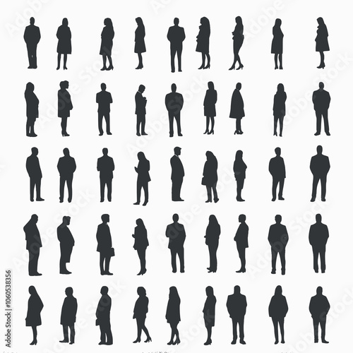 Isolated white background with 2d black silhouettes of business people