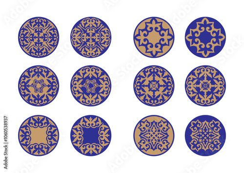 Vector Asian Set of different golden with blue ornaments. National  pattern of the ancient nomads. National Asian decor for medallions, plate,  print design. Round Frame, workpiece for your design.