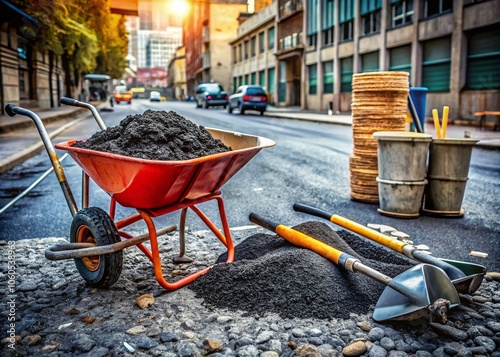 Empty Wheelbarrow and Tools Beside Crushed Asphalt on Street, Construction Scene, Roadwork Equipment, Urban Renewal, DIY Projects, Outdoor Renovation, Construction Materials