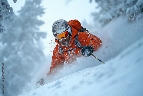 Skier expertly carving through fresh powder on a snowy slope at a popular mountain resort photo