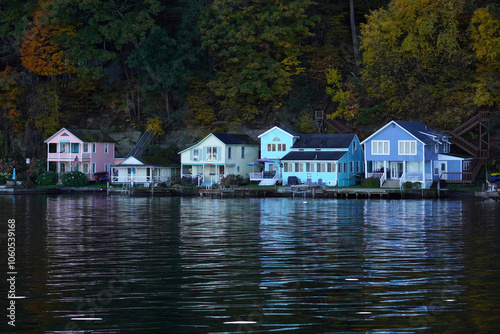 Row of multicolored houses on a lake