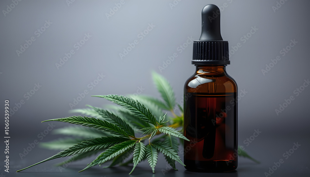 CBD oil in brown bottle with dropper and cannabis, hemp branch isolated with white highlights, png CBD oil in brown bottle with dropper and cannabis, hemp branch isolated with white highlights, png