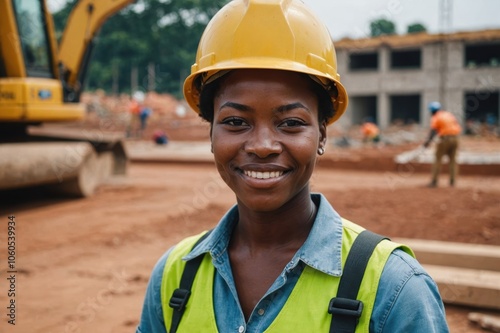 Close portrait of a smiling young Gabonese woman construction worker looking at the camera, Gabonese outdoors construction site blurred background