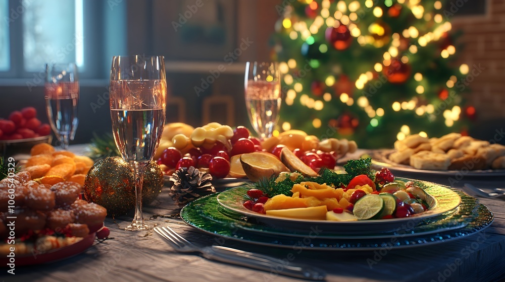 Happy Christmas Dinner table full of dishes with food and snacks, New Year's decor with a Christmas tree on the background Happy Christmas Dinner table full of dishes with food and snacks, New Year's decor with a Christmas tree on the background