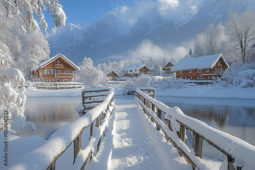 A serene snow-covered bridge leads to charming wooden lodges nestled in a tranquil winter landscape photo