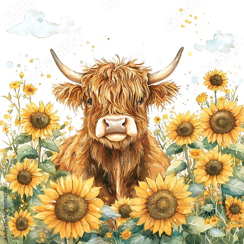 Highland Cow in a Field of Sunflowers Watercolor Illustration. photo