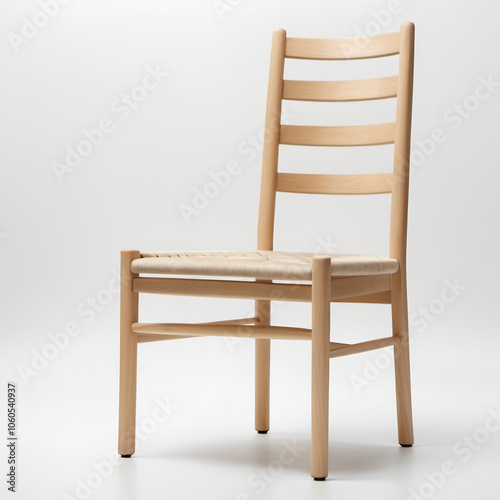 Minimalist Ladder Back Chair – A chair with a classic ladder-back design, featuring clean lines and a light wood finish, set against a white background.