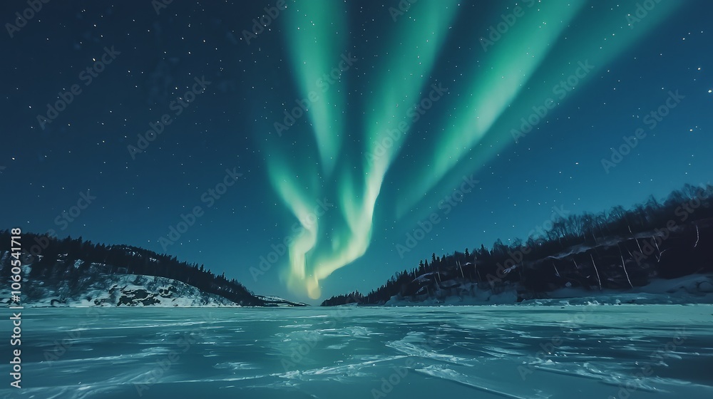 Naklejka premium Vibrant green Northern Lights illuminate a frozen lake in the snowy, star-studded night sky.