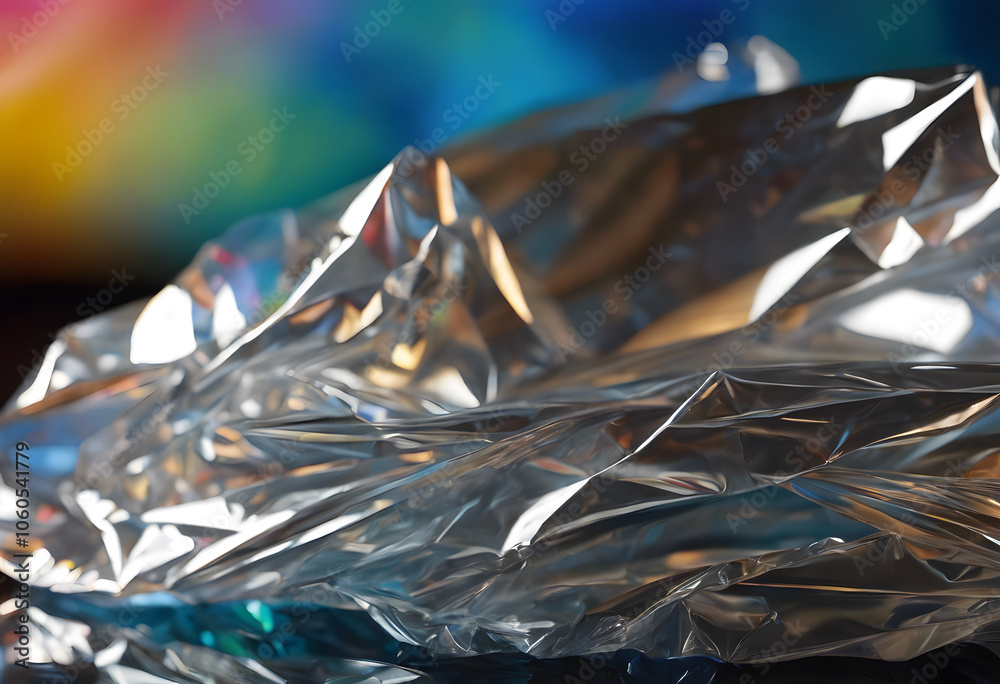 Close-up of crumpled plastic material with shiny surface, showcasing intricate folds and reflections. Close-up of crumpled plastic material with shiny surface, showcasing intricate folds and reflections.
