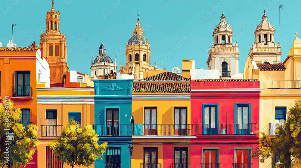 Obraz premium Seville, Spain, Pop Art style theme print. Cityscape, city skyline.Vibrant, bright, modern, trendy, graphic designed for poster, card, wallpaper