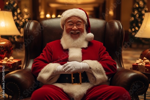 traditional Santa Claus sitting in his arm chair in a Christmas decorated living room photo