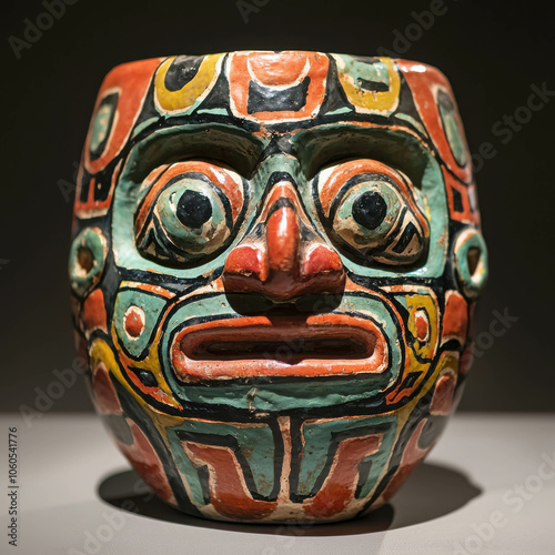 Ancient Ritual Mask: A vibrant, intricately painted ceramic mask, possibly from a pre-Columbian culture, showcasing bold colors and a powerful expression. Perfect for history, anthropology. photo