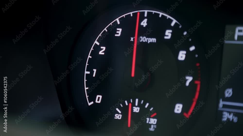 The speedometer of an ordinary car. The car accelerates, the car starts. The arrow measures the speed, scoring high speed The speedometer of an ordinary car. The car accelerates, the car starts. The arrow measures the speed, scoring high speed