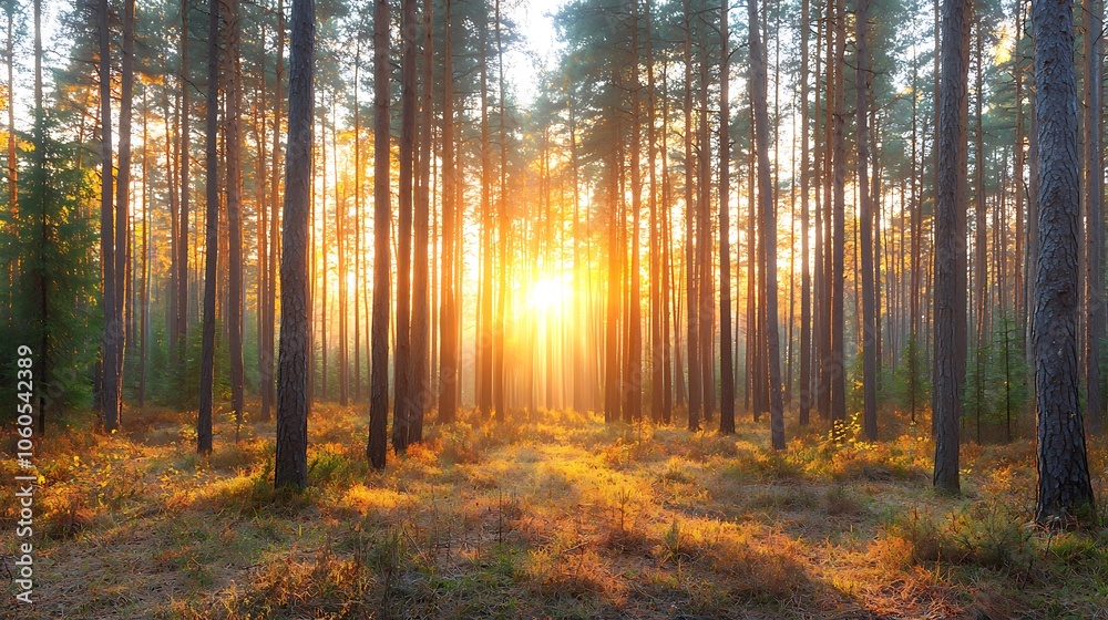 Obraz premium Sunlight filters through tall trees in a serene forest landscape creating a tranquil atmosphere at dawn