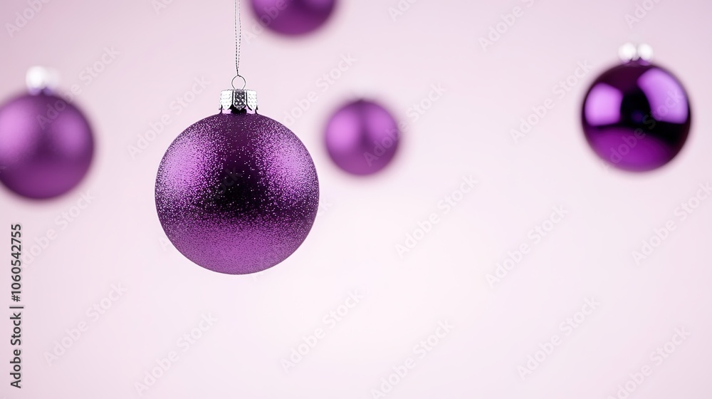 Purple Christmas baubles hanging, soft focus background Purple Christmas baubles hanging, soft focus background