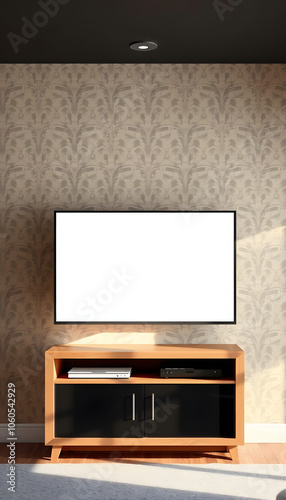 Blank white tv screen with mockup space in room with retro wallpaper in apartment or hotel isolated with white highlights, png photo