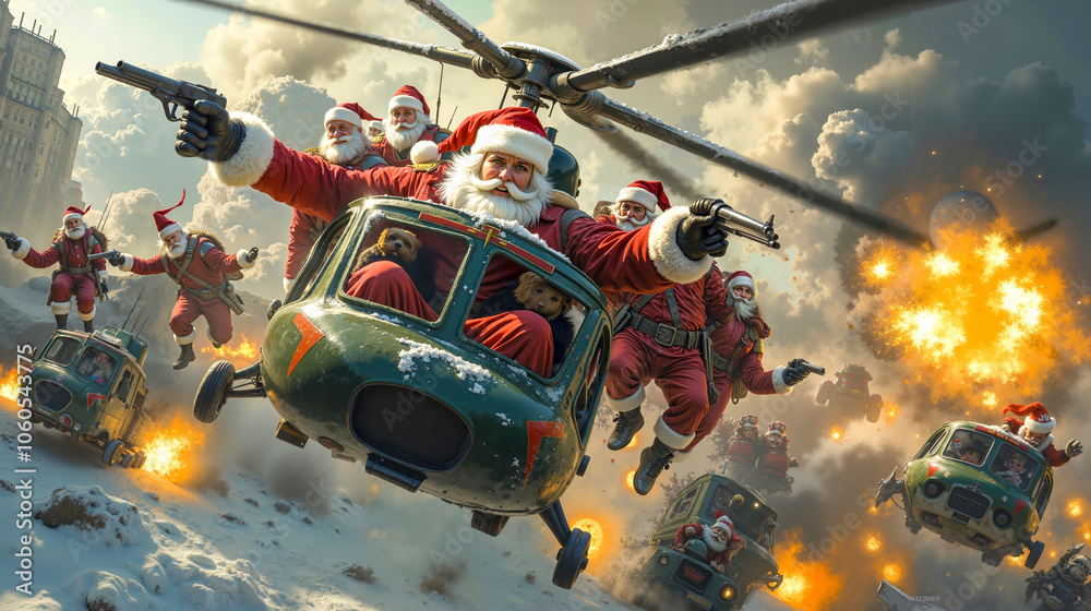 A group of santa claus flying through the air with guns in their hands A group of santa claus flying through the air with guns in their hands