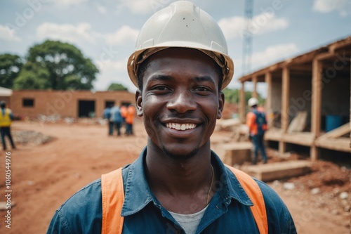 Wallpaper Mural Close portrait of a smiling young Kenyan man construction worker looking at the camera, Kenyan outdoors construction site blurred background Torontodigital.ca