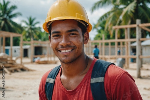 Close portrait of a smiling young Kiribati man construction worker looking at the camera, Kiribati outdoors construction site blurred background photo