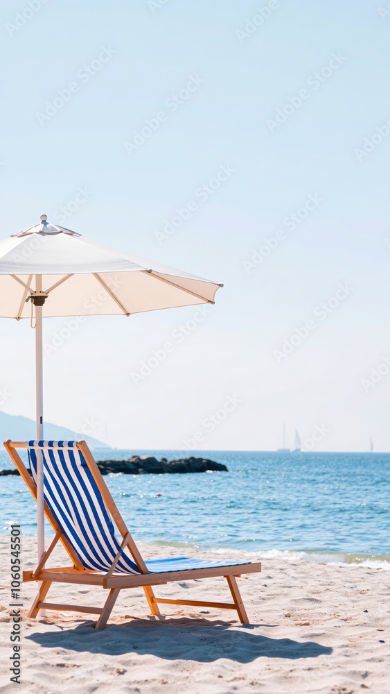 Obraz premium white umbrella shades a striped beach chair on a sunny day