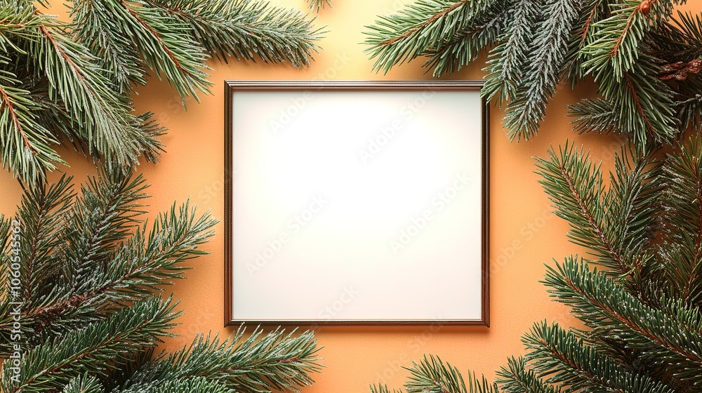 Empty frame surrounded by pine branches on orange background Empty frame surrounded by pine branches on orange background