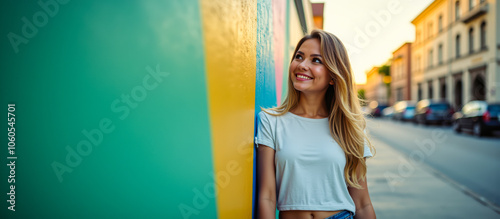 smiling woman stands against a colorful wall a city setting