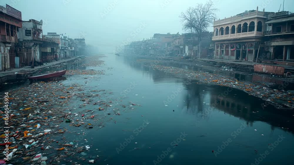 Polluted River Plastic Waste in Urban Waterway - Environmental Problem