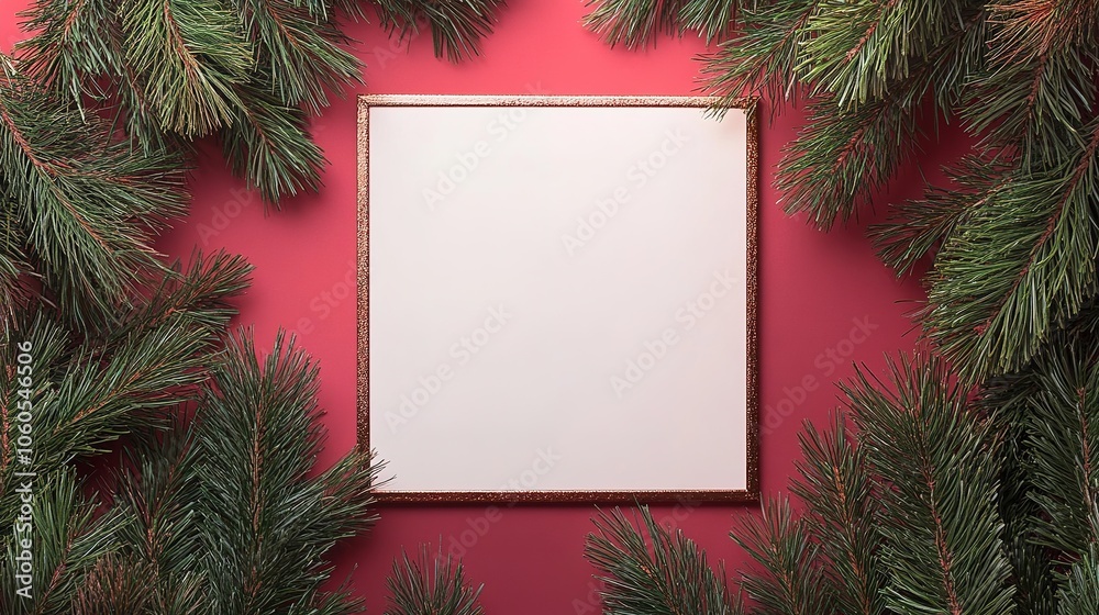 Festive frame with pine branches on red background Festive frame with pine branches on red background