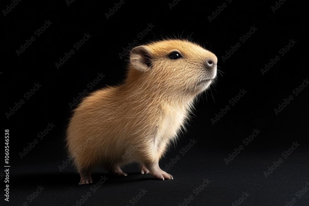 the beside view baby Capybara standing, left side view, low angle, white copy space on right, Isolated on black Background