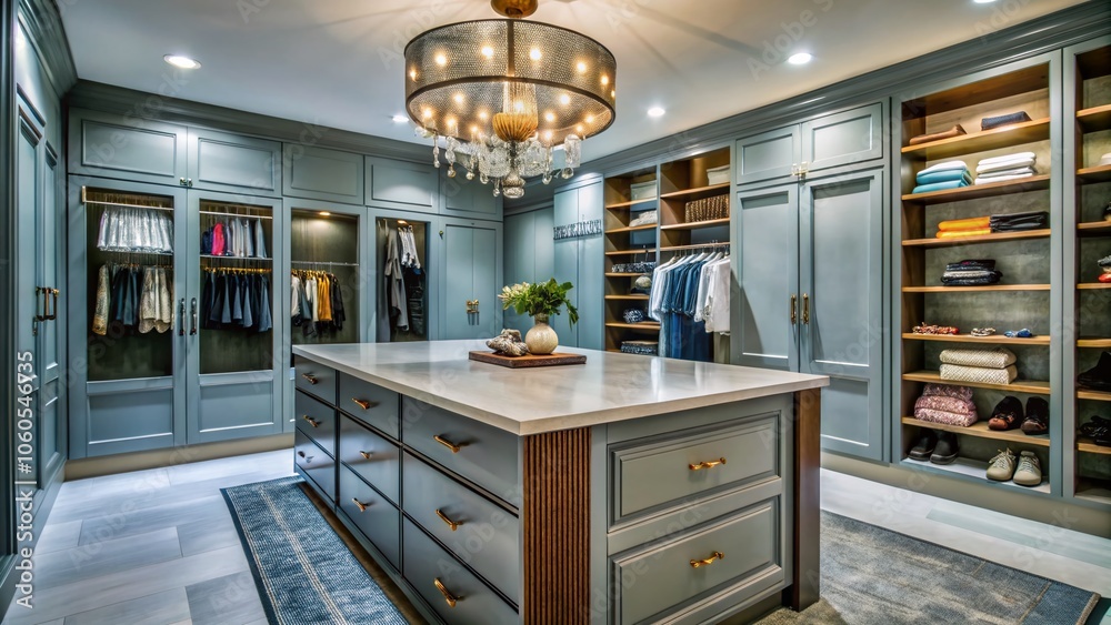 Expansive walk-in closet featuring custom cabinetry, an island for accessories, and sophisticated lighting—perfect luxurious storage for fashion lovers who appreciate elegance. Expansive walk-in closet featuring custom cabinetry, an island for accessories, and sophisticated lighting—perfect luxurious storage for fashion lovers who appreciate elegance.