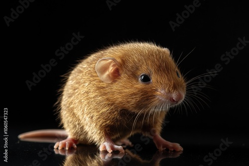 the beside view baby Mole rat standing, left side view, low angle, white copy space on right, Isolated on black Background photo