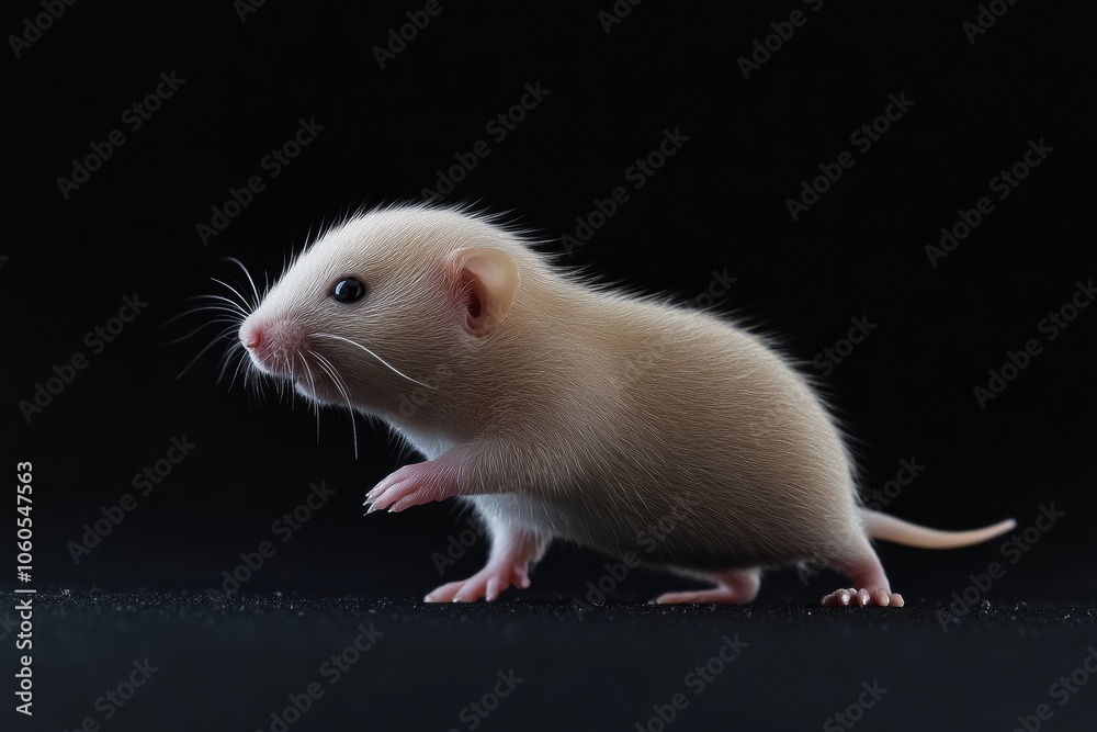 the beside view baby mole rat standing, left side view, low angle, white copy space on right, Isolated on black Background the beside view baby mole rat standing, left side view, low angle, white copy space on right, Isolated on black Background