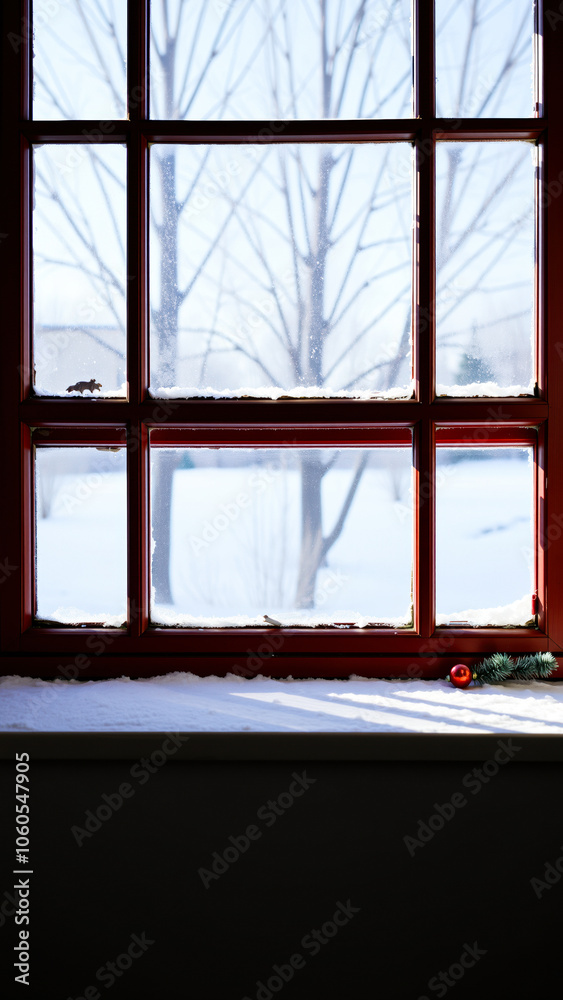 Fototapeta premium red window frame with frosted panes a snowy view