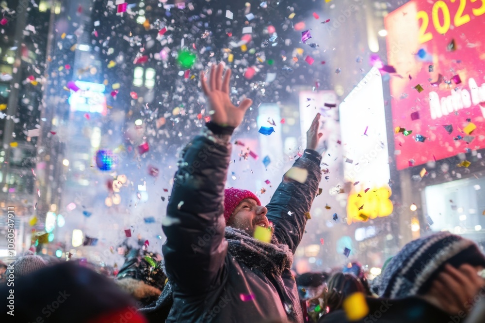 Fototapeta premium Celebrating New Year in Times Square with confetti