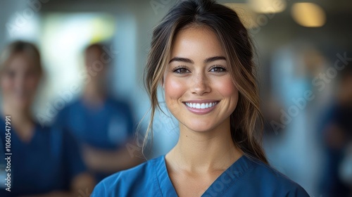 a smiling female medical staff in blue scrubs stands confidently flanked by two colleagues in a bright hospital setting showcasing teamwork and camaraderie with a focus on compassion and care