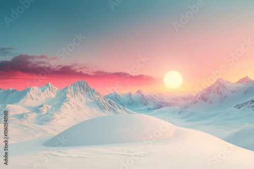 Winter sunset casts a golden glow over a serene snowy landscape with majestic mountains