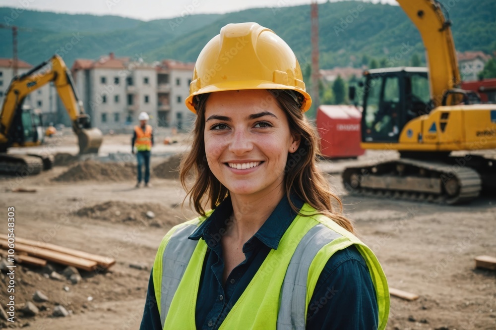 Close portrait of a smiling young Macedonian woman construction worker looking at the camera, Macedonian outdoors construction site blurred background Close portrait of a smiling young Macedonian woman construction worker looking at the camera, Macedonian outdoors construction site blurred background