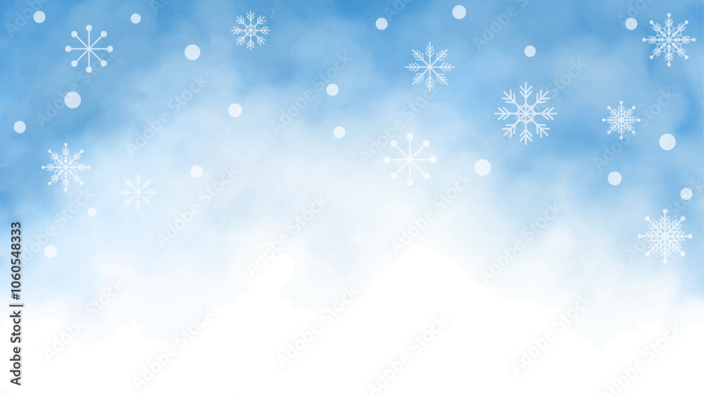 雪と雪の結晶の幻想的な冬の空の背景イラストバナーテンプレート テキスト無し ベクター 手描き水彩の飾り枠 16:9 雪と雪の結晶の幻想的な冬の空の背景イラストバナーテンプレート テキスト無し ベクター 手描き水彩の飾り枠 16:9