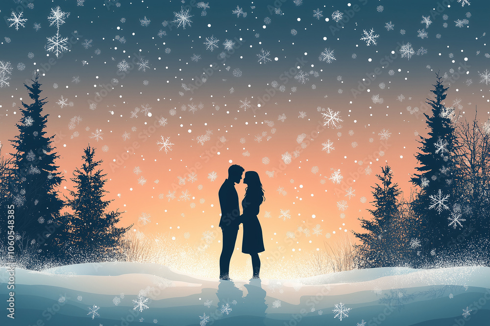 A romantic winter wedding moment with a couple embracing amidst falling snow and a serene twilight background A romantic winter wedding moment with a couple embracing amidst falling snow and a serene twilight background