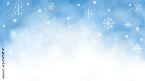 雪と雪の結晶の幻想的な冬の空の背景イラストバナーテンプレート　テキスト無し　ベクター　手描き水彩の飾り枠　16:9