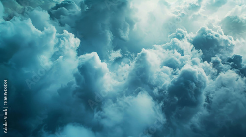 Aerial view of big, fluffy clouds in various shades of blue and white, creating serene and dreamy atmosphere. soft textures evoke sense of calm and tranquility