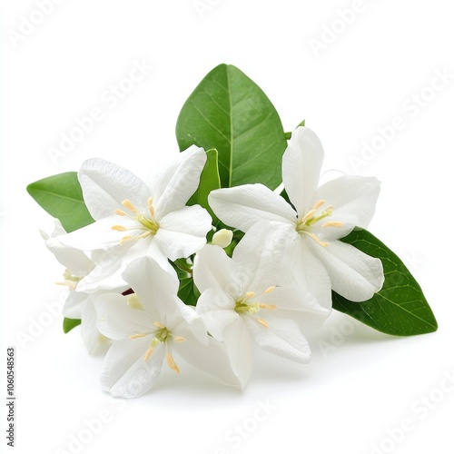 White Flowers and Green Leaves on a White Background
