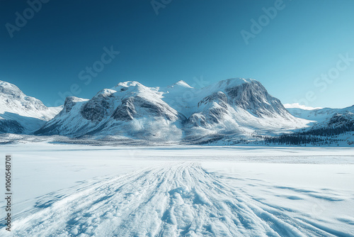 Snow-covered mountains rise majestically under a clear blue sky in a serene winter landscape, showcasing the beauty of nature