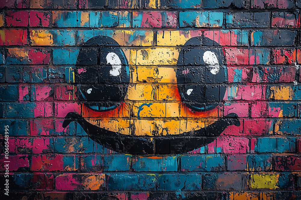 Smiling graffiti character painted on a brick wall amidst colorful urban street art