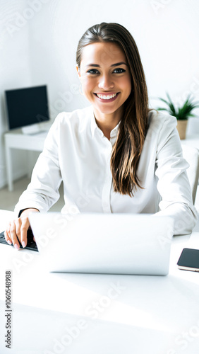 confident young woman works at her desk